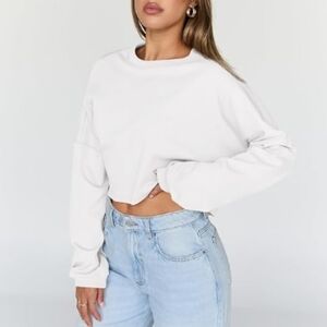 Cropped Oversized Crewneck Sweater Long Sleeve White New